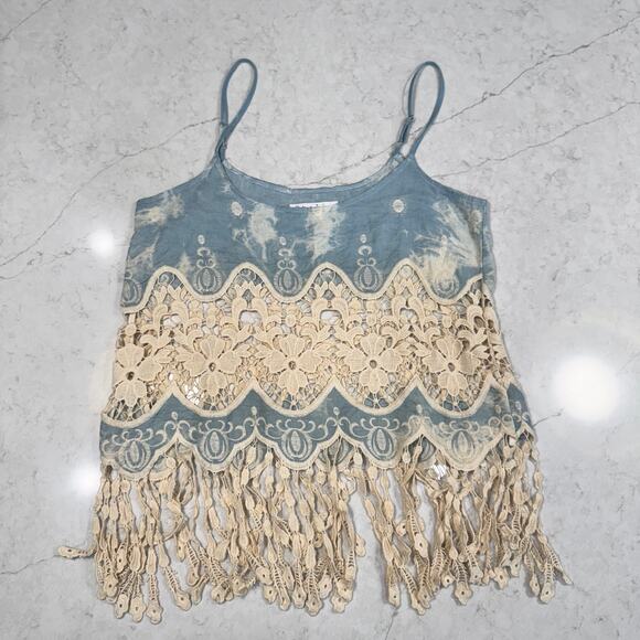 Boho Fringe Lace Tank Women's Large Festival Coachella Concert Country Cottage - Picture 8 of 14